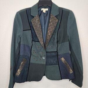 Coldwater Creek Embroidered Patchwork Blazer Jacket Womens P8 Blue Teal Metalic
